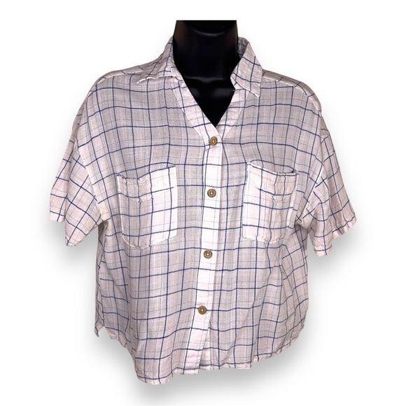 MEDIUM JAPNA PASTEL PINK  BLUE PLAID CROPPED BUTTON FRONT SHORT SLEEVE COTTON - Picture 1 of 12